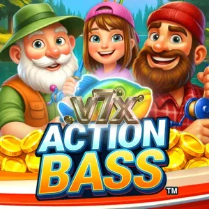 Interface do jogo de caça-níqueis Action Bass com tema de pesca